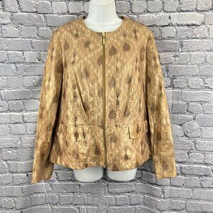 Chico's Size‎ 1 M 8 Gold Collarless Zip Front Jacket Linen Cotton Blend
